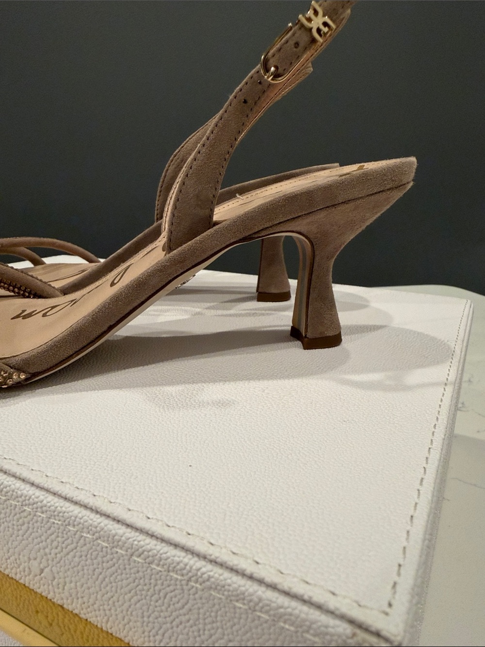 Sam Edelman Taupe Suede Crystal-Trim Slingback Heels. - Picture 3 of 5